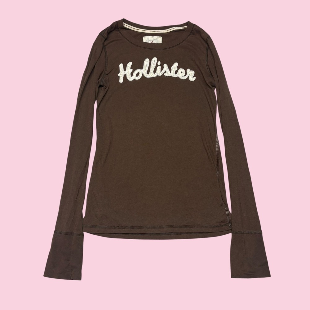 Hollister Womens Brown Long Sleeve Chenille Logo Graphic T-Shirt Size M 1514
